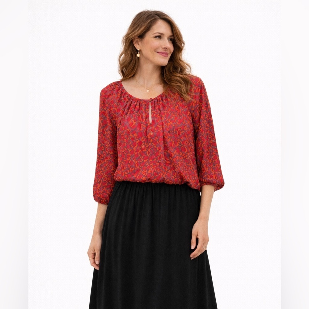 Ann Taylor Loft Popover Top Blouse Speckled M Petite Keyhole Smocked
Neck